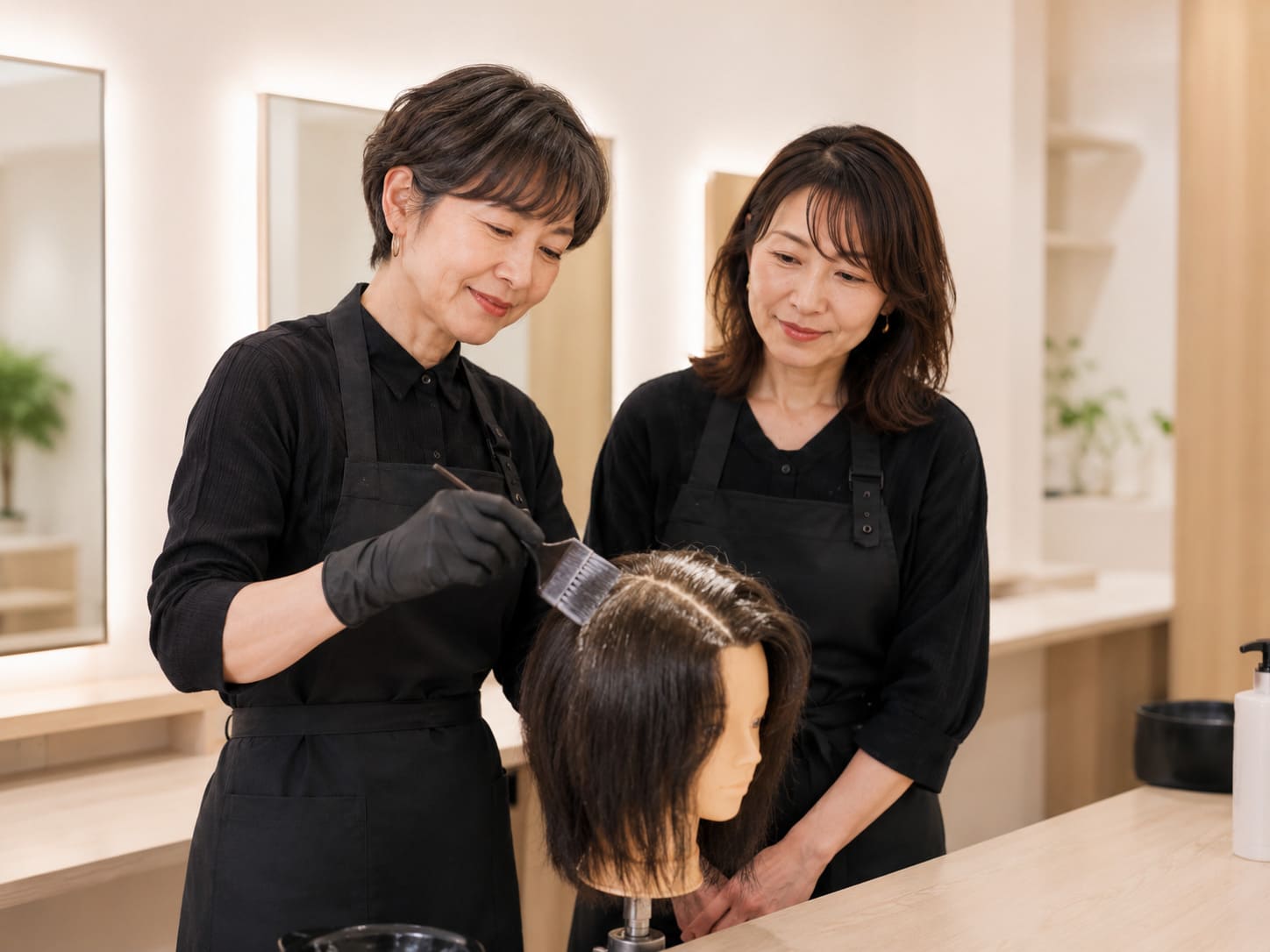 白髪染めとシャンプーの技術講習を受けるカラーリスト
